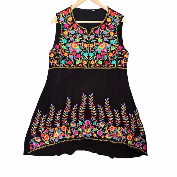 None Dresses & Skirts - Black heavily embroidered floral resort dress short sleeveless boho beach XXL